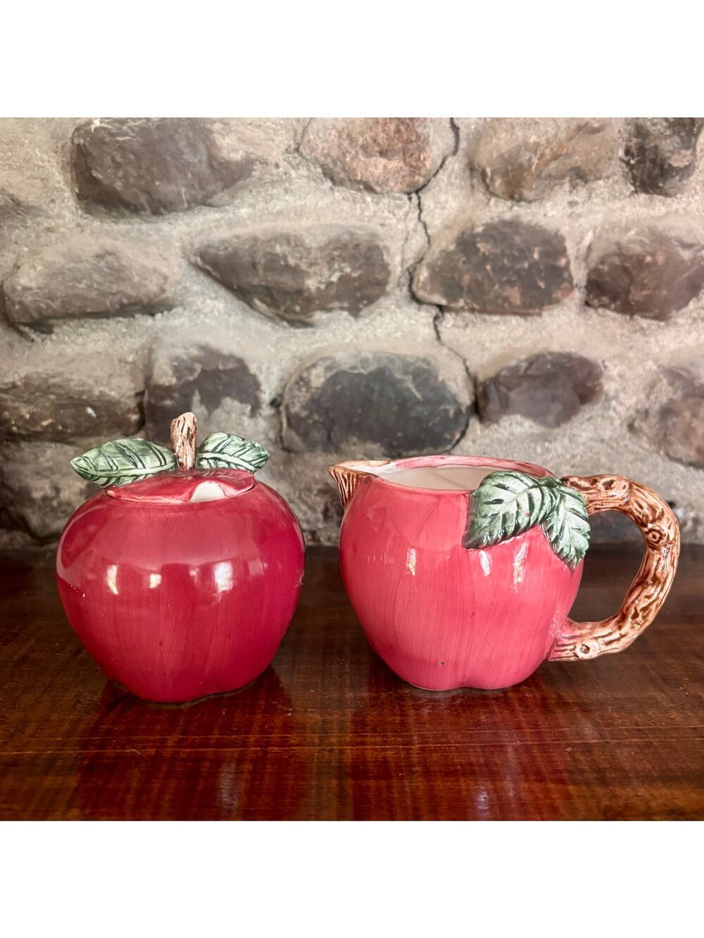 Vintage Red Apple Creamer and Covered Sugar Bowl Set Hand Painted